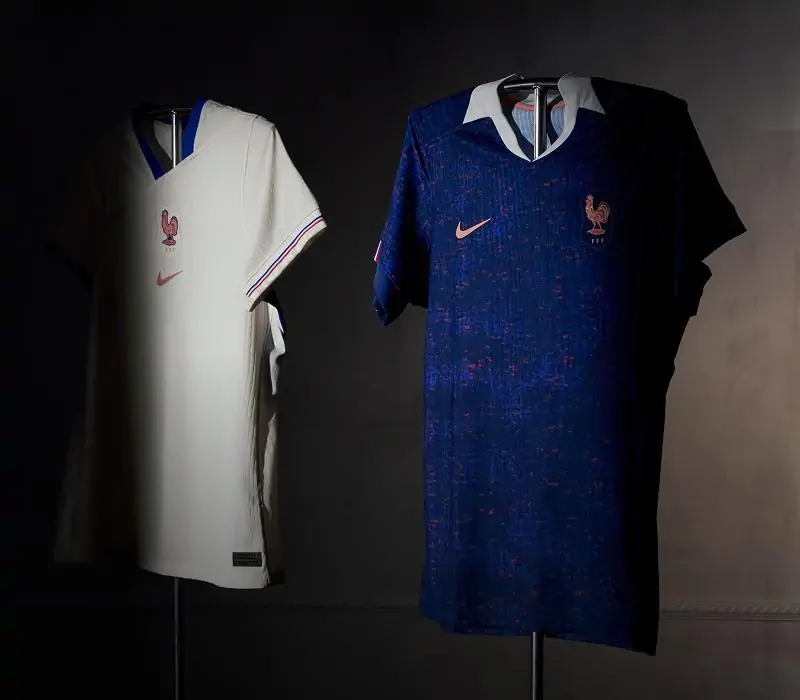 Official France national team home and away jerseys displayed side by side