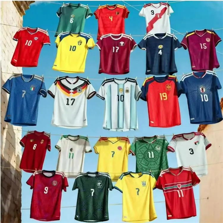 Bulk soccer jerseys display with multiple team colors and reseller stock options