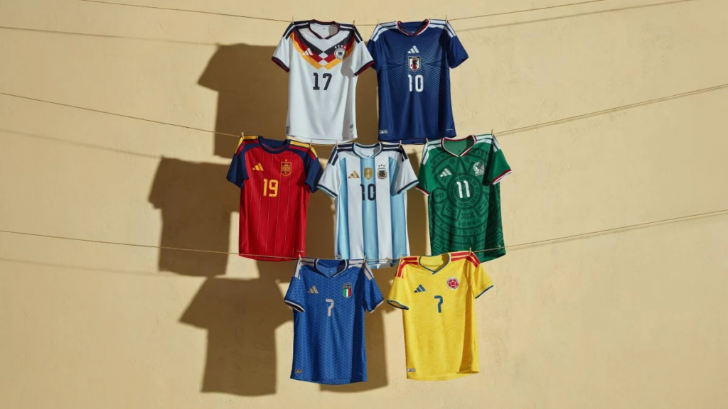 Multiple national team football jerseys displayed together to show supplier range for World Cup 2026 wholesale buyers