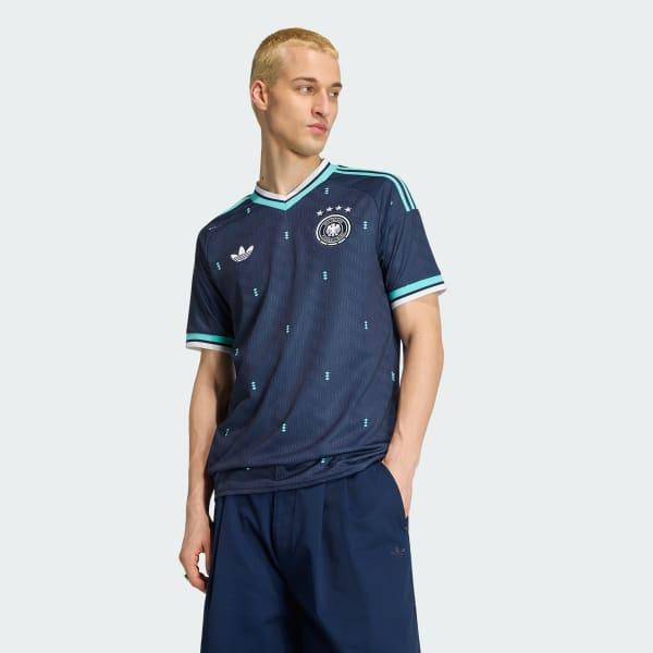 Model wearing Germany 2026 away football jersey for casual fan style