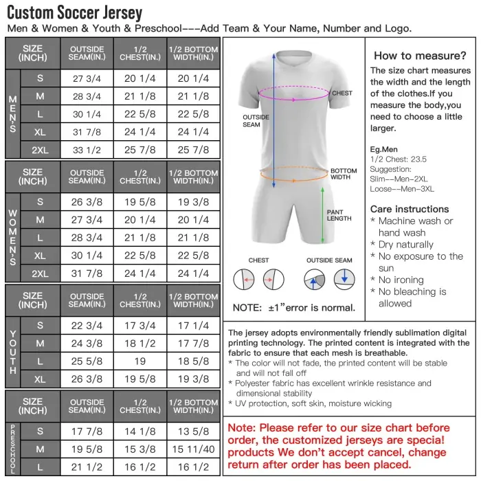 Soccer jersey size chart for comparing measurements before bulk ordering